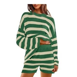 Green and White Striped Sweater and Shorts Set